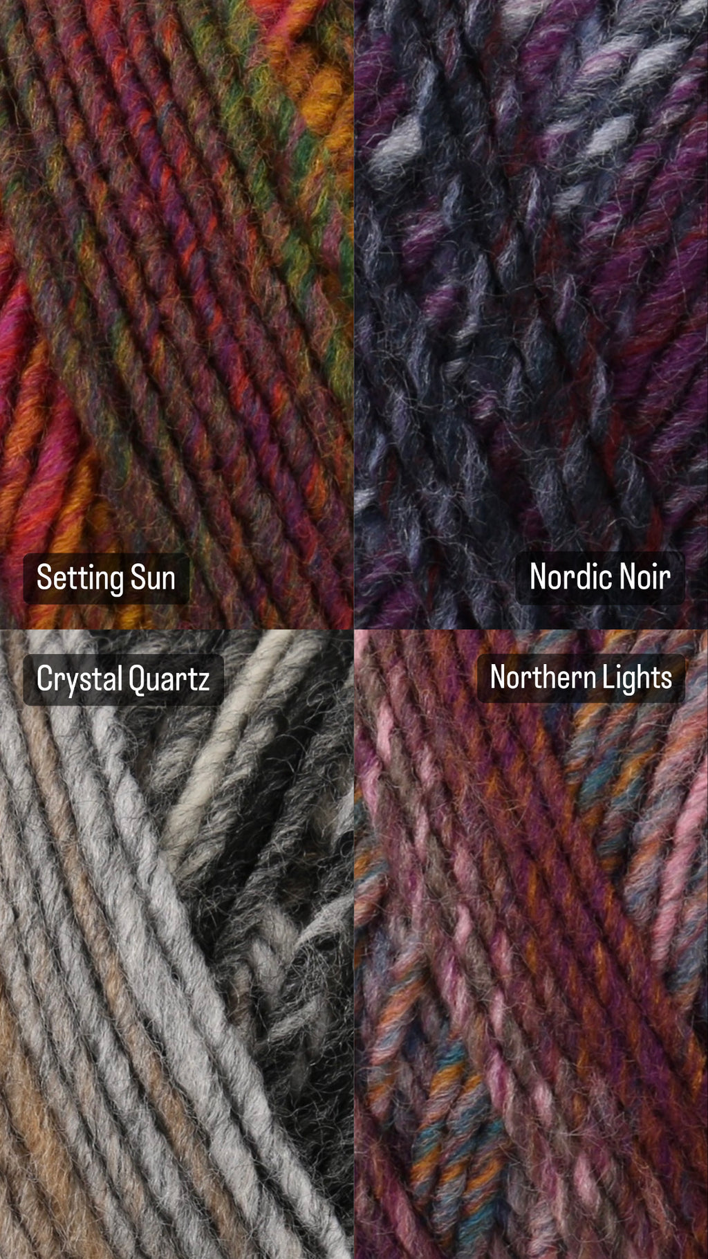 Four yarn colour swatches arranged in a 2x2 grid, labeled Setting Sun, Nordic Noir, Crystal Quartz, and Northern Lights, showing variegated yarn in different colourways.
