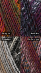 Four yarn colour swatches arranged in a 2x2 grid, labeled Setting Sun, Nordic Noir, Crystal Quartz, and Northern Lights, showing variegated yarn in different colourways.