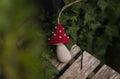 A small crocheted mushroom ornament with a jute hanging string, propped on a rustic wooden bench, surrounded by green ivy foliage.