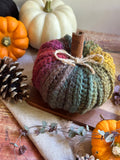 A crocheted decorative pumpkin with a rustic rainbow colour gradient of pink, purple, blue/sage green, and mustard yellow, styled on a wooden board with pinecones, houseplant vines, and pumpkins.