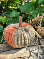A crocheted decorative pumpkin with a rustic cinnamon stick stem, featuring colour-pooled sections of orange/pink, beige, and cream yarn, resting on a weathered wooden surface with green ivy in the background.