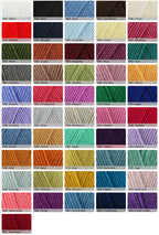 A colour chart grid showing many yarn samples with small text labels beneath each swatch, arranged in rows on a white background.