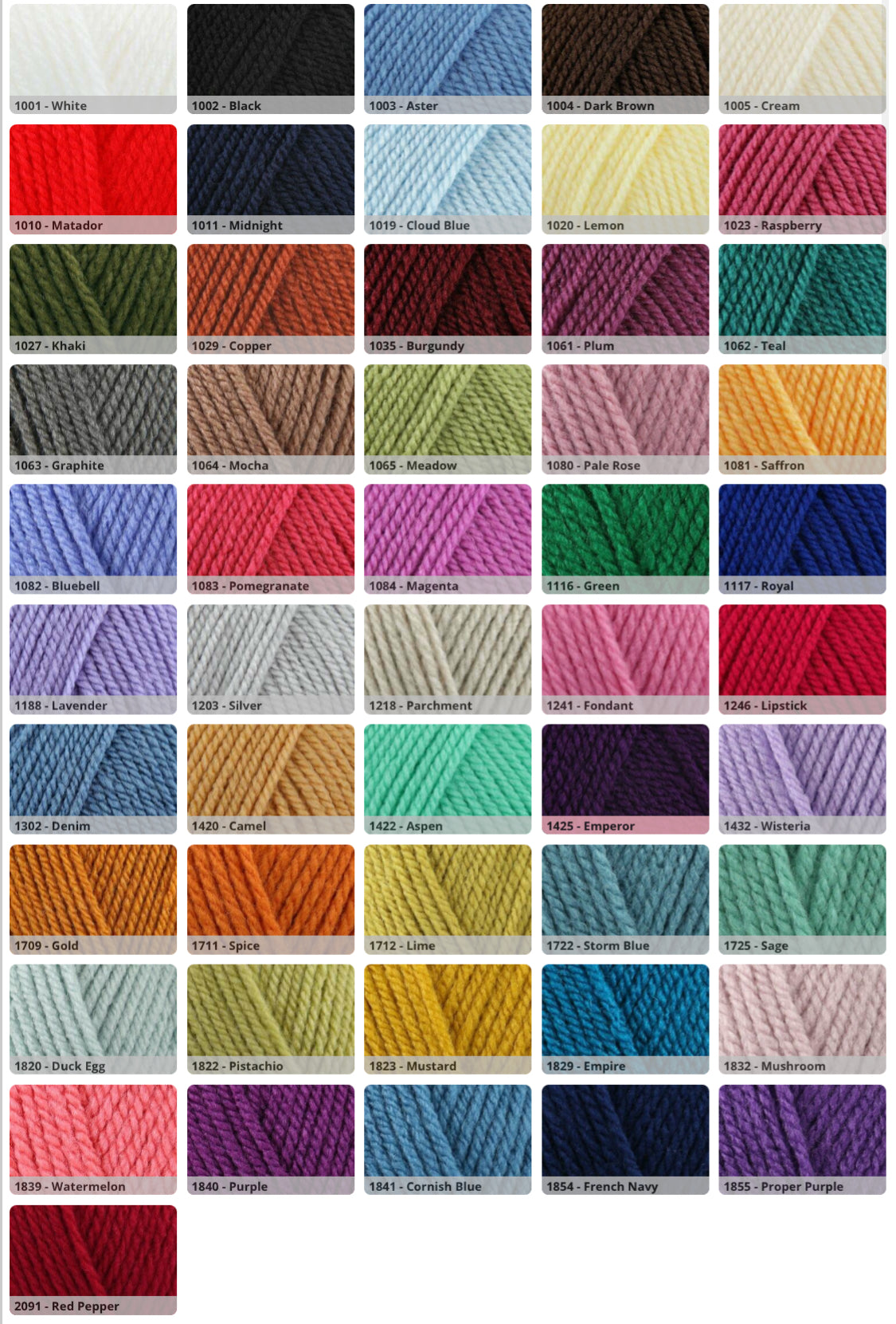 A colour chart grid showing many yarn samples with small text labels beneath each swatch, arranged in rows on a white background.