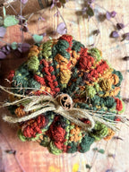 A handmade crocheted pumpkin ornament in autumn colours of green, orange, and red, tied with twine and a cinnamon stick, set against a rustic wood background with houseplant vines.